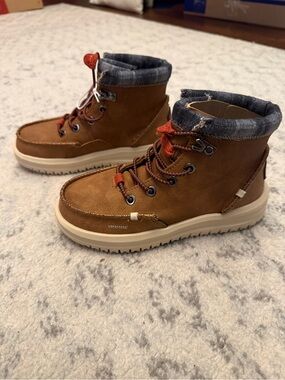 Hey Dude Kids Brown Ankle Boots with Gray Cuff and Orange Lace Accents